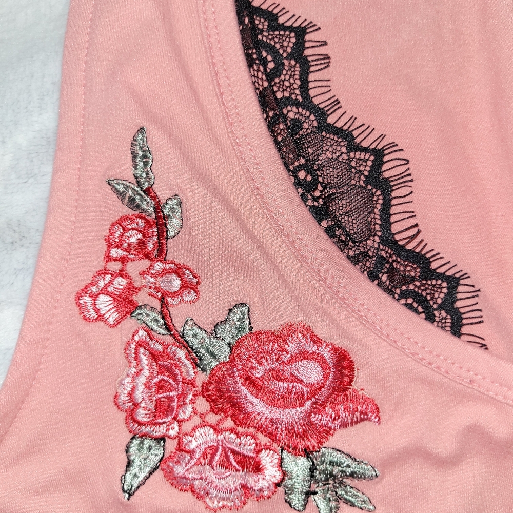 Poof Apparel Womens Medium Pink Floral Swing Tank Dress Tunic Top Embroidered - Picture 5 of 10